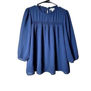 Monteau L Blue Peasant Blouse 3/4 Sleeve Boho Flowing Top Pleated Yoke Feminine